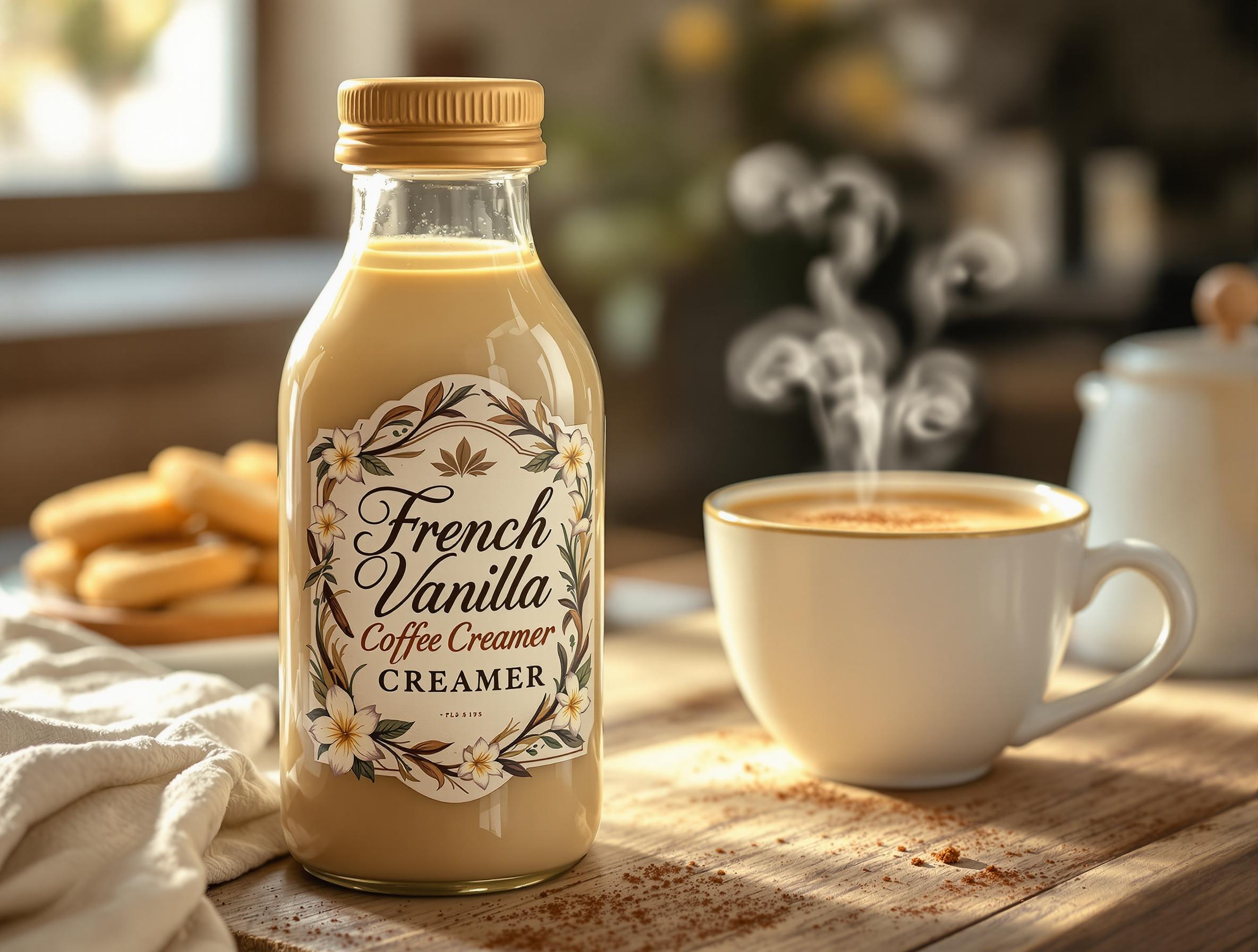 Glass jar of French vanilla coffee creamer with milk
