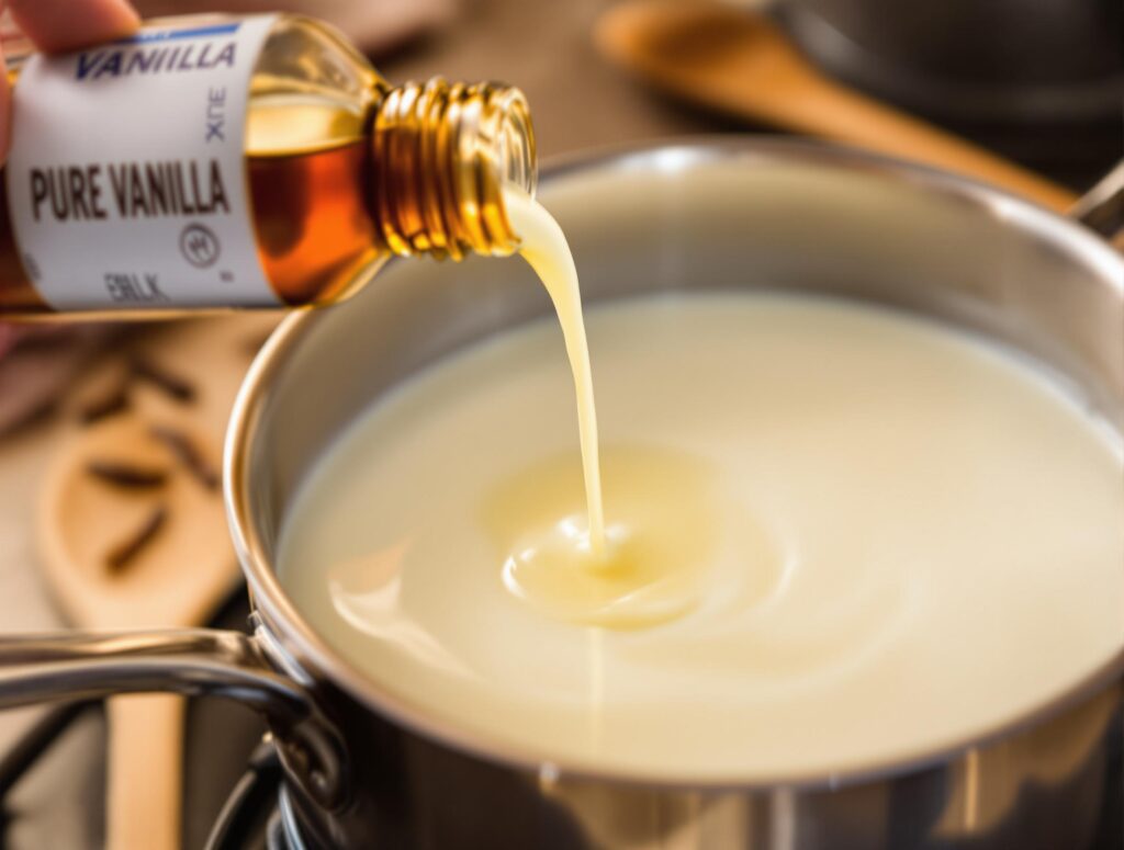 Close-up of a saucepan with milk and vanilla extract being added for homemade coffee creamer.
