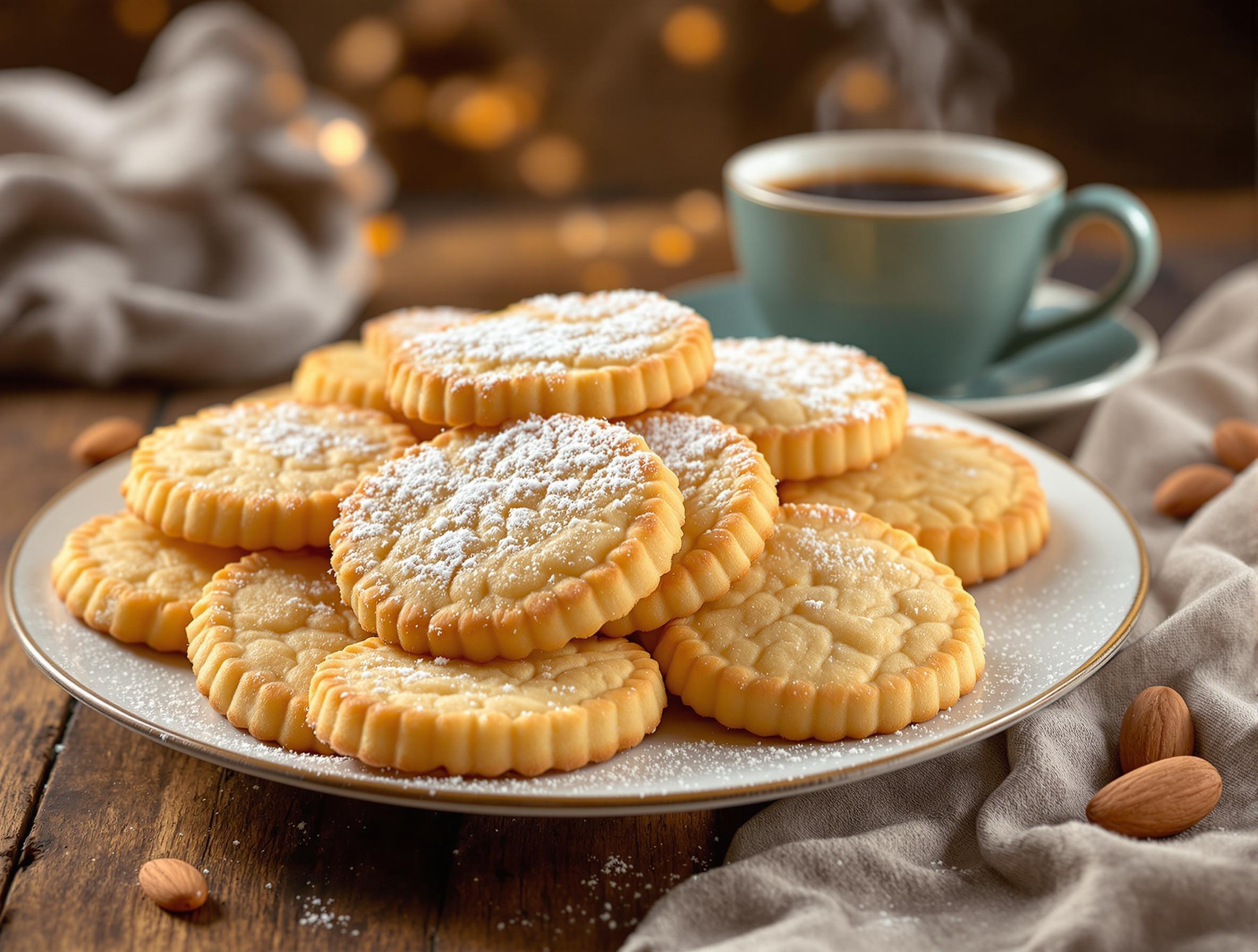 A plate of golden almond paste cookies dusted with powdered sugar.