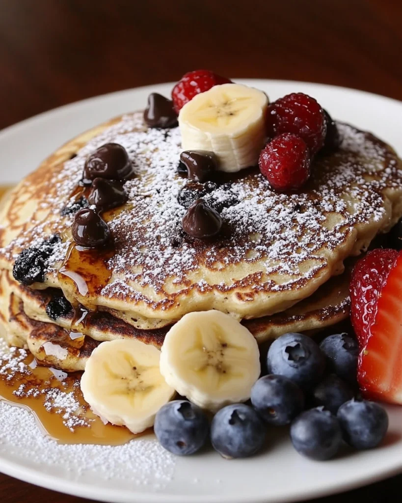 chocolate chip pancakes with melted chocolate