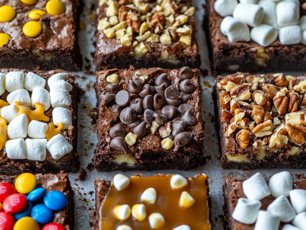 A colorful tray of brownies topped