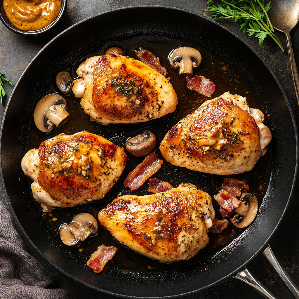 Close-up of sizzling chicken breasts being seared in a hot skillet, golden brown and slightly crisped, surrounded by cooking utensils and fresh ingredients like bacon strips, mushrooms, and honey mustard sauce in small bowls.