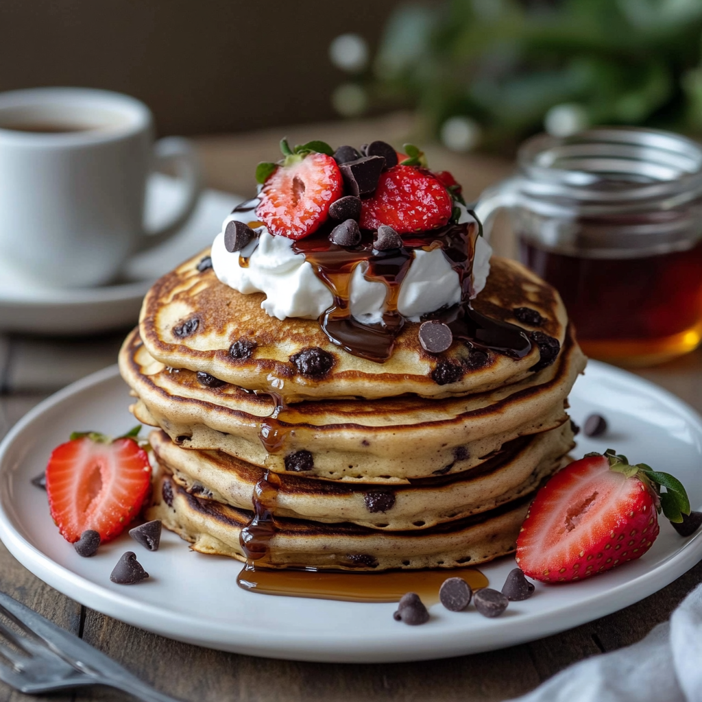 chocolate chip pancakes with melted chocolate